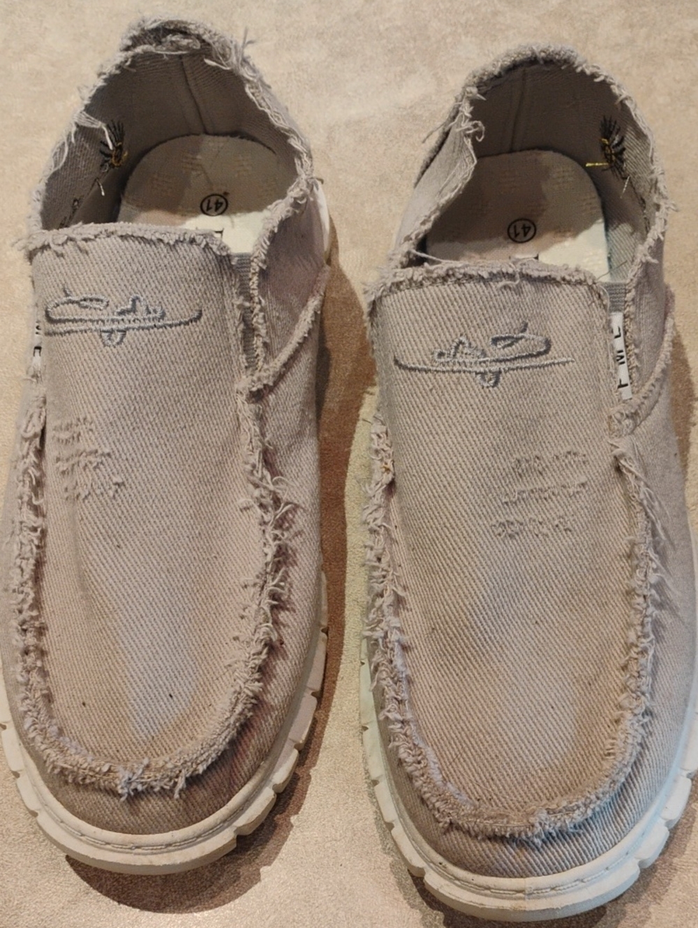 Frayed Canvas Slip-On Loafers in Taupe